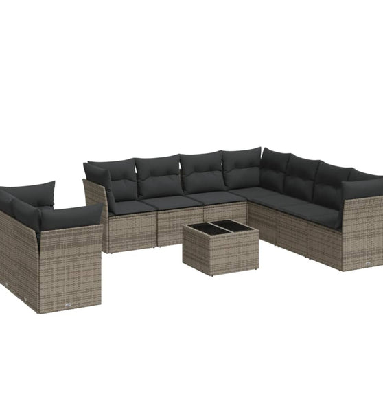 10-tlg. Garten-Sofagarnitur mit Kissen Grau Poly Rattan