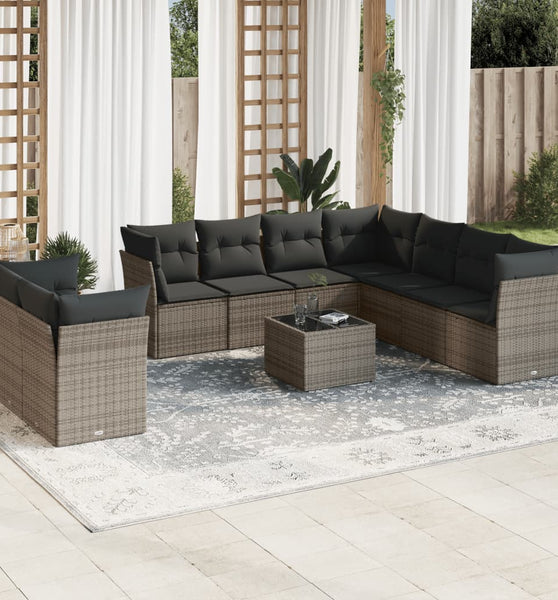 10-tlg. Garten-Sofagarnitur mit Kissen Grau Poly Rattan
