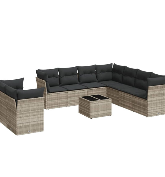 10-tlg. Garten-Sofagarnitur mit Kissen Hellgrau Poly Rattan