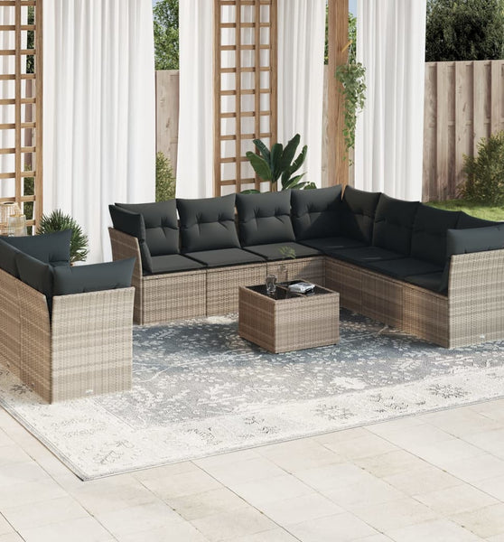 10-tlg. Garten-Sofagarnitur mit Kissen Hellgrau Poly Rattan