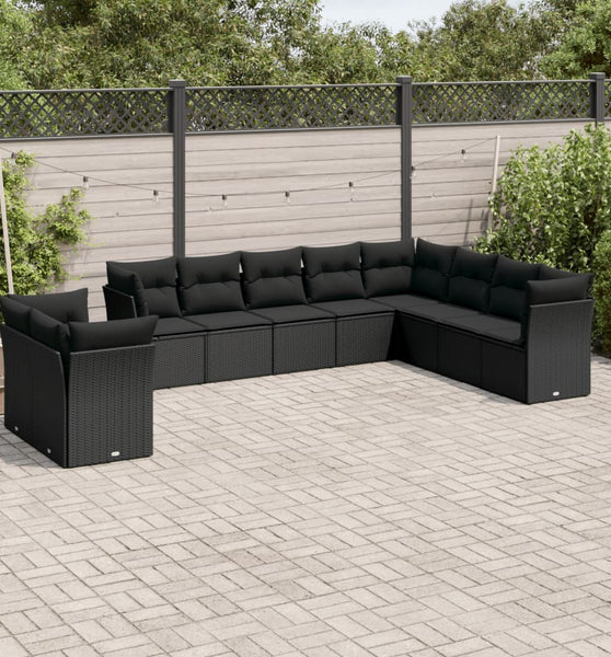 10-tlg. Garten-Sofagarnitur mit Kissen Schwarz Poly Rattan