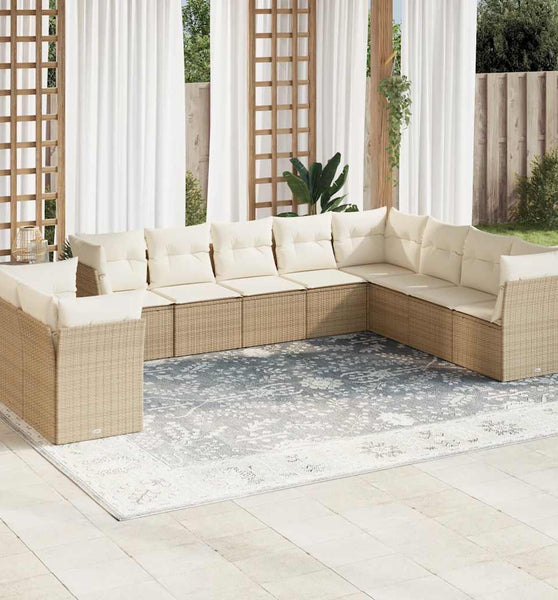 10-tlg. Garten-Sofagarnitur mit Kissen Beige Poly Rattan