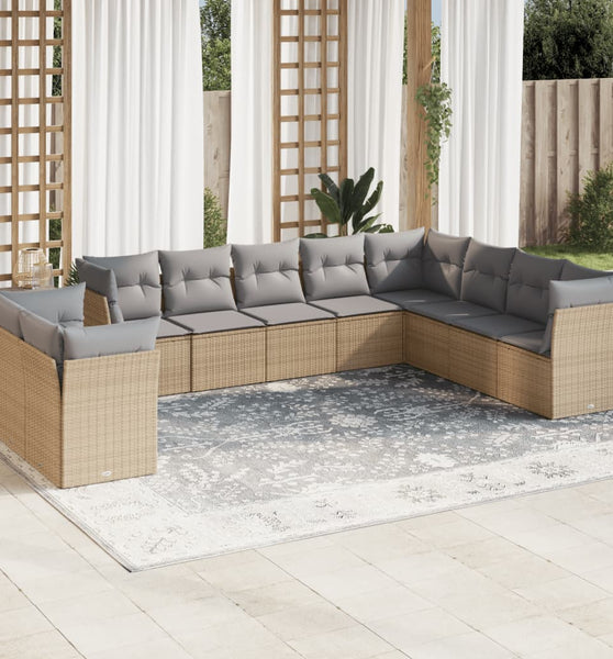 10-tlg. Garten-Sofagarnitur mit Kissen Beige Poly Rattan