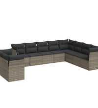 10-tlg. Garten-Sofagarnitur mit Kissen Grau Poly Rattan
