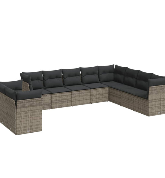 10-tlg. Garten-Sofagarnitur mit Kissen Grau Poly Rattan