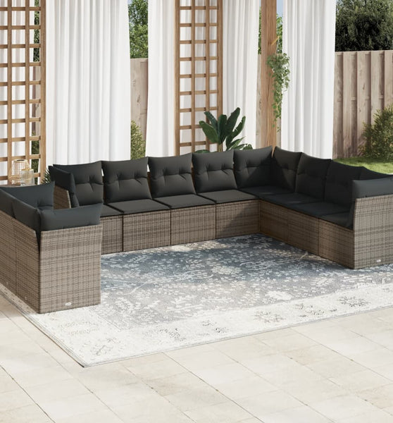 10-tlg. Garten-Sofagarnitur mit Kissen Grau Poly Rattan