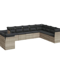 10-tlg. Garten-Sofagarnitur mit Kissen Hellgrau Poly Rattan