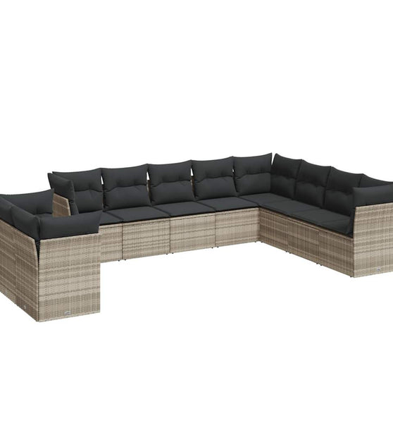 10-tlg. Garten-Sofagarnitur mit Kissen Hellgrau Poly Rattan