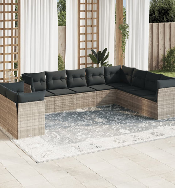 10-tlg. Garten-Sofagarnitur mit Kissen Hellgrau Poly Rattan