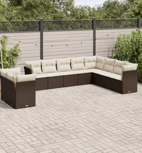 10-tlg. Garten-Sofagarnitur mit Kissen Braun Poly Rattan