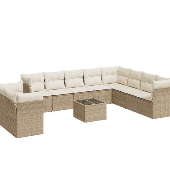 11-tlg. Garten-Sofagarnitur mit Kissen Beige Poly Rattan
