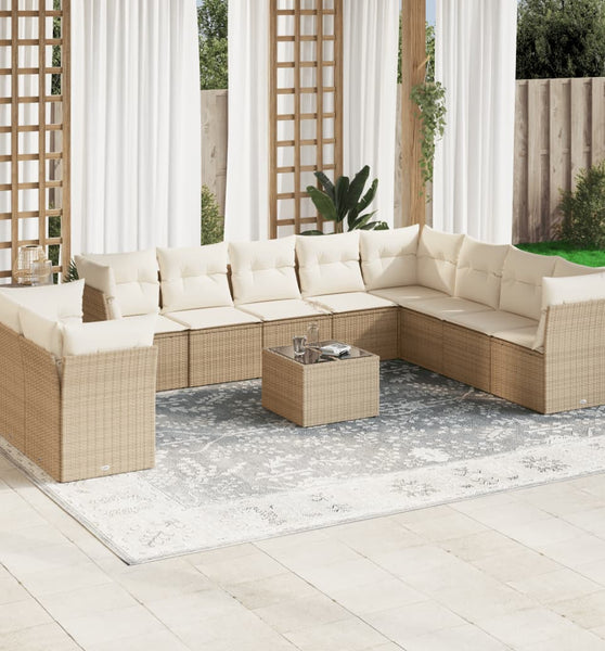 11-tlg. Garten-Sofagarnitur mit Kissen Beige Poly Rattan