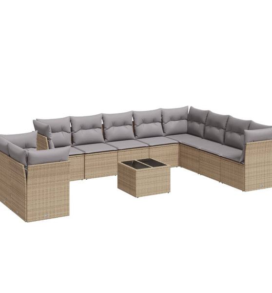 11-tlg. Garten-Sofagarnitur mit Kissen Beige Poly Rattan