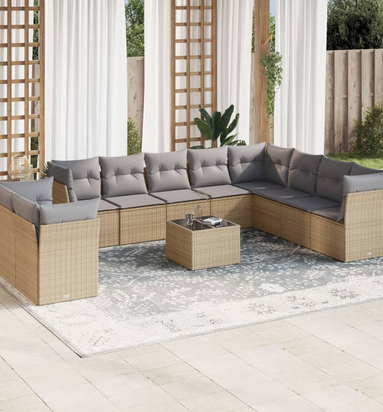 11-tlg. Garten-Sofagarnitur mit Kissen Beige Poly Rattan
