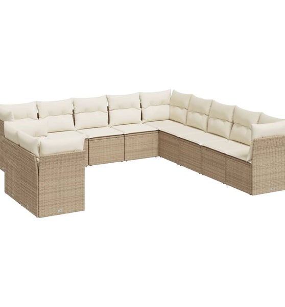 11-tlg. Garten-Sofagarnitur mit Kissen Beige Poly Rattan