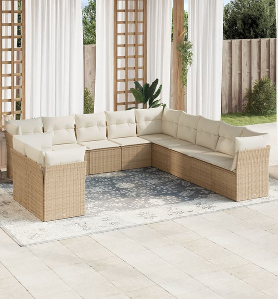 11-tlg. Garten-Sofagarnitur mit Kissen Beige Poly Rattan
