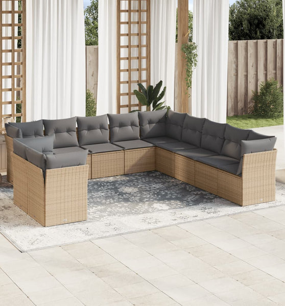 11-tlg. Garten-Sofagarnitur mit Kissen Beige Poly Rattan