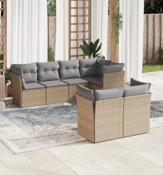 7-tlg. Garten-Sofagarnitur mit Kissen Beige Poly Rattan