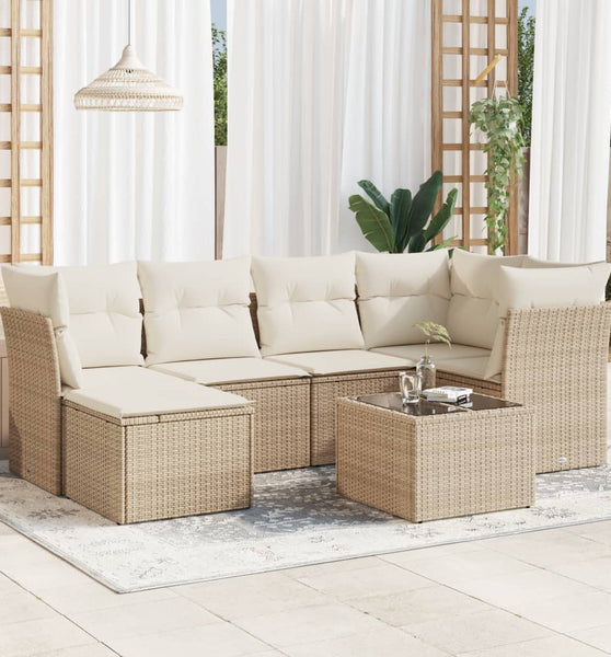 7-tlg. Garten-Sofagarnitur mit Kissen Beige Poly Rattan