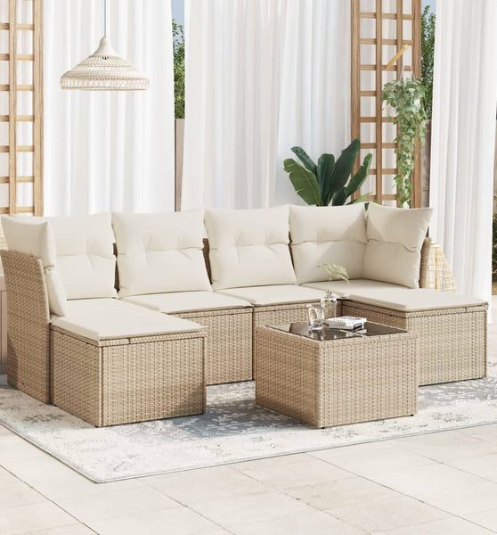 7-tlg. Garten-Sofagarnitur mit Kissen Beige Poly Rattan