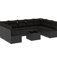 10-tlg. Garten-Sofagarnitur mit Kissen Schwarz Poly Rattan