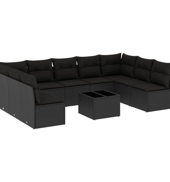 10-tlg. Garten-Sofagarnitur mit Kissen Schwarz Poly Rattan