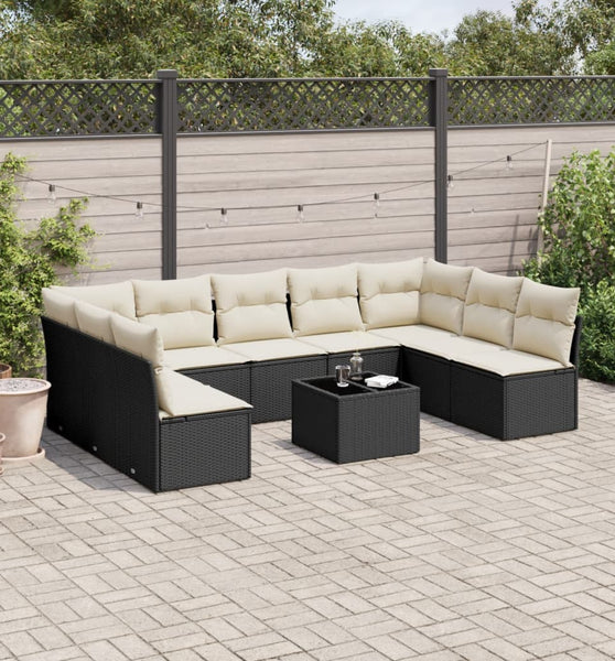 10-tlg. Garten-Sofagarnitur mit Kissen Schwarz Poly Rattan