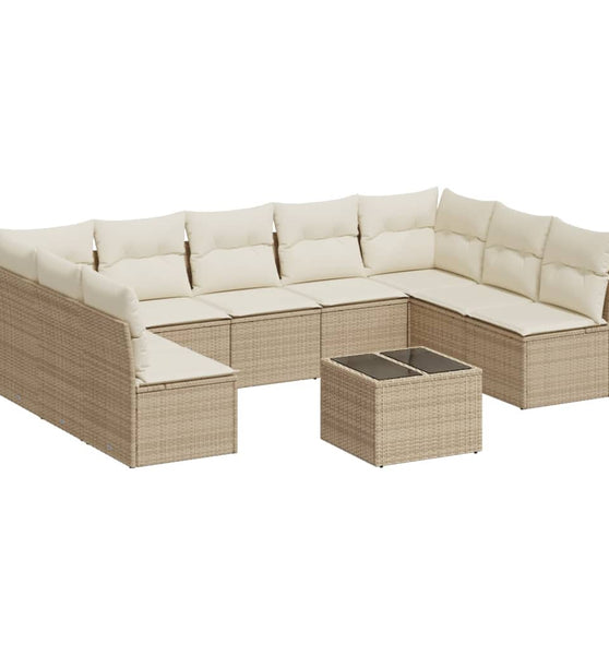 10-tlg. Garten-Sofagarnitur mit Kissen Beige Poly Rattan