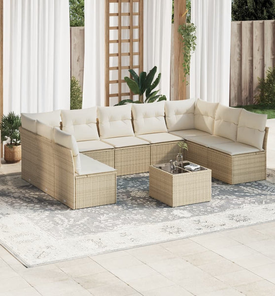 10-tlg. Garten-Sofagarnitur mit Kissen Beige Poly Rattan