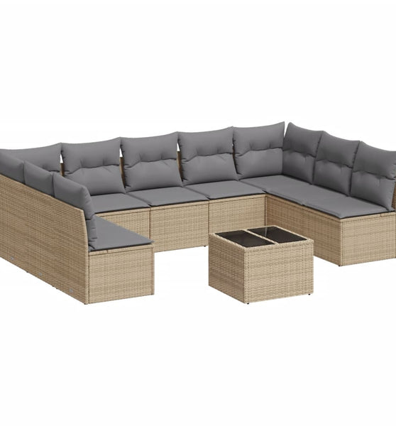 10-tlg. Garten-Sofagarnitur mit Kissen Beige Poly Rattan