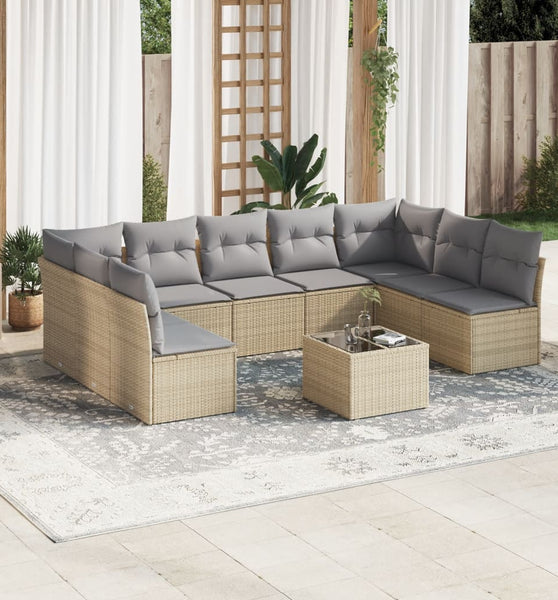 10-tlg. Garten-Sofagarnitur mit Kissen Beige Poly Rattan