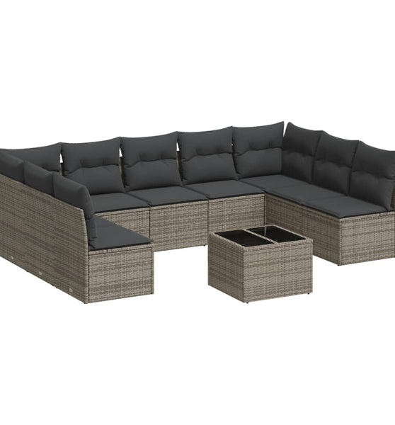 10-tlg. Garten-Sofagarnitur mit Kissen Grau Poly Rattan