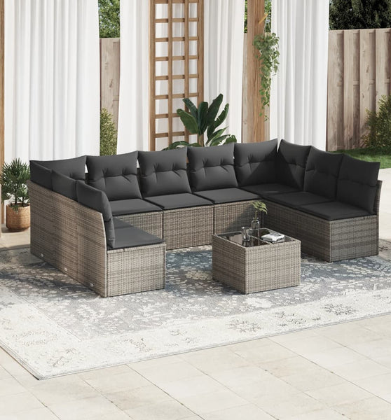 10-tlg. Garten-Sofagarnitur mit Kissen Grau Poly Rattan