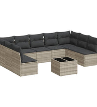 10-tlg. Garten-Sofagarnitur mit Kissen Hellgrau Poly Rattan