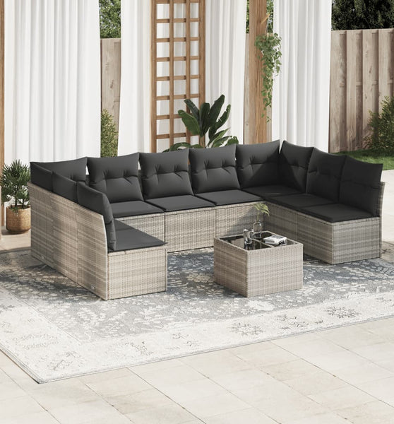 10-tlg. Garten-Sofagarnitur mit Kissen Hellgrau Poly Rattan