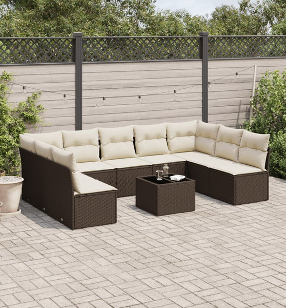 10-tlg. Garten-Sofagarnitur mit Kissen Braun Poly Rattan