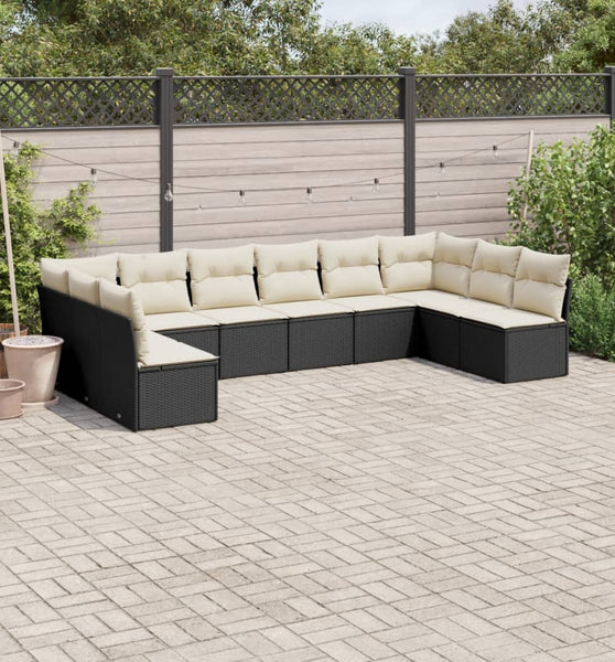 10-tlg. Garten-Sofagarnitur mit Kissen Schwarz Poly Rattan