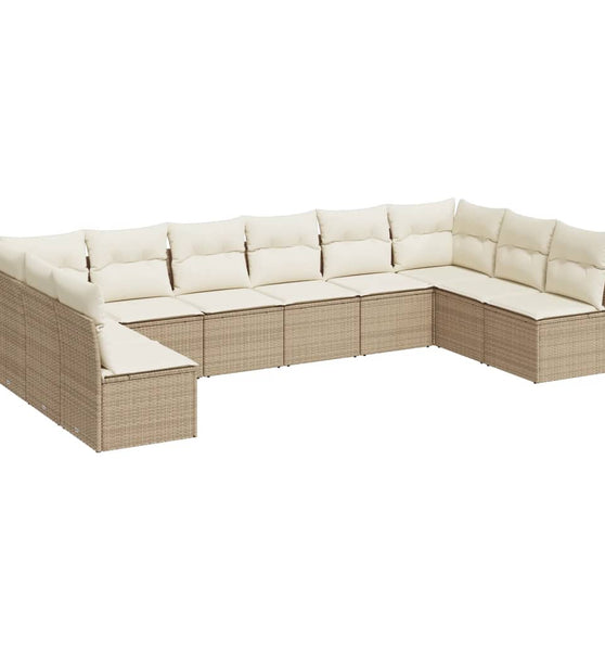 10-tlg. Garten-Sofagarnitur mit Kissen Beige Poly Rattan
