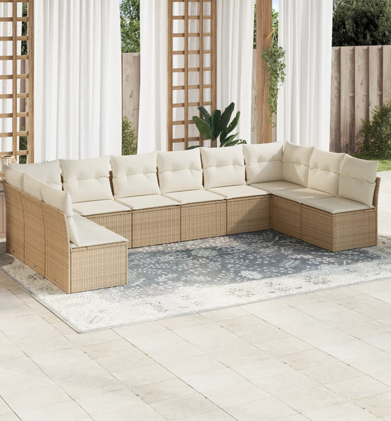 10-tlg. Garten-Sofagarnitur mit Kissen Beige Poly Rattan