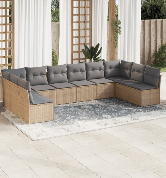 10-tlg. Garten-Sofagarnitur mit Kissen Beige Poly Rattan