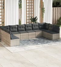 10-tlg. Garten-Sofagarnitur mit Kissen Hellgrau Poly Rattan