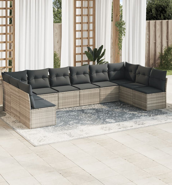 10-tlg. Garten-Sofagarnitur mit Kissen Hellgrau Poly Rattan