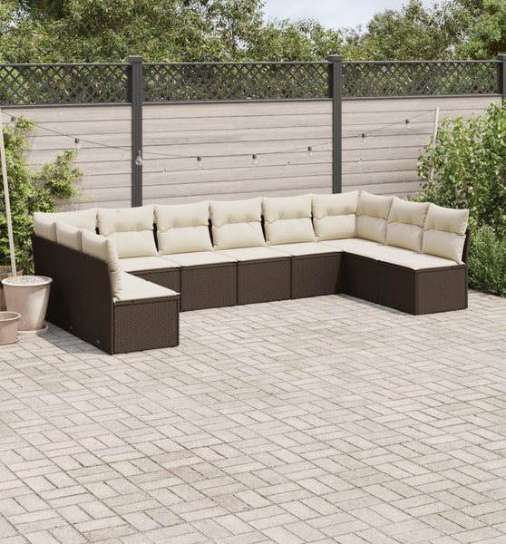 10-tlg. Garten-Sofagarnitur mit Kissen Braun Poly Rattan