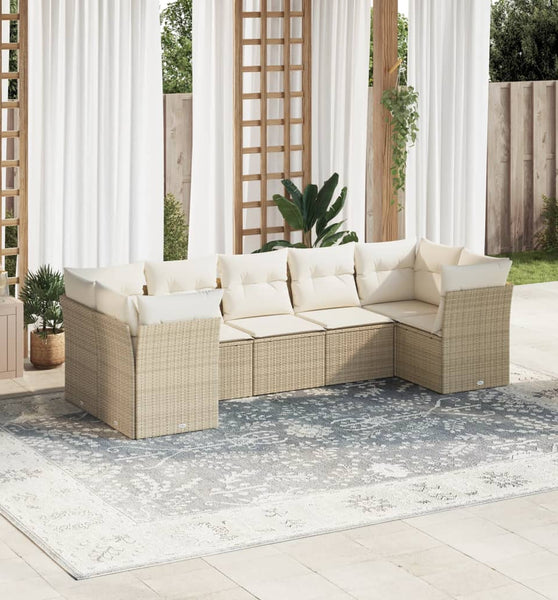 7-tlg. Garten-Sofagarnitur mit Kissen Beige Poly Rattan