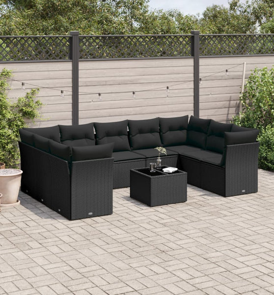 10-tlg. Garten-Sofagarnitur mit Kissen Schwarz Poly Rattan