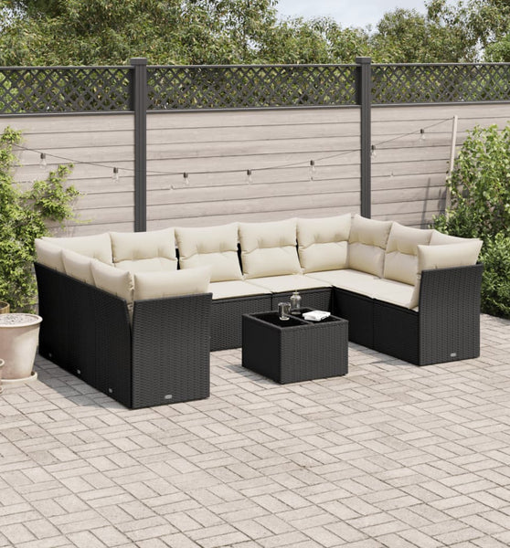 10-tlg. Garten-Sofagarnitur mit Kissen Schwarz Poly Rattan