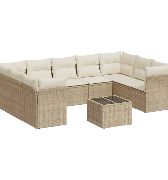 10-tlg. Garten-Sofagarnitur mit Kissen Beige Poly Rattan