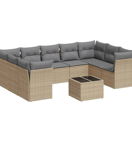 10-tlg. Garten-Sofagarnitur mit Kissen Beige Poly Rattan