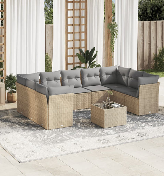 10-tlg. Garten-Sofagarnitur mit Kissen Beige Poly Rattan