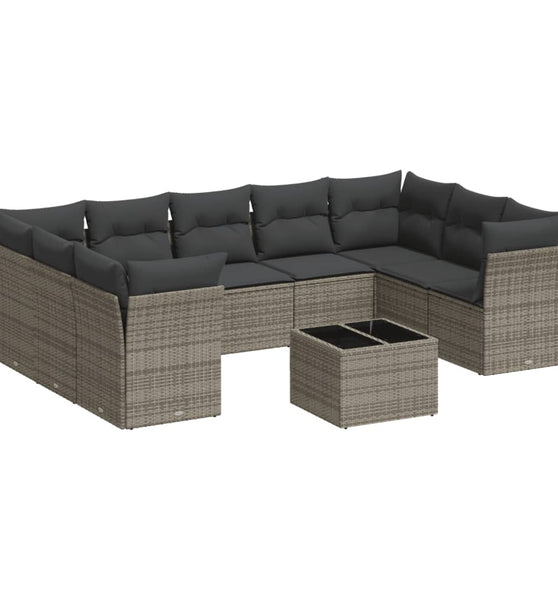 10-tlg. Garten-Sofagarnitur mit Kissen Grau Poly Rattan